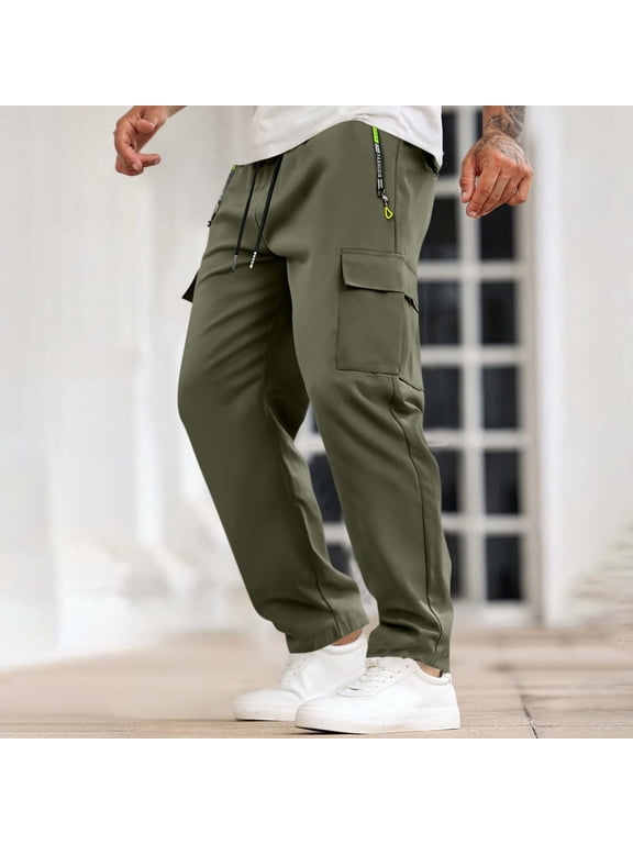 Men's Solid Color Elastic Waist Drawstring Casual Outdoor Work Pants with Zipper and Multiple Pockets