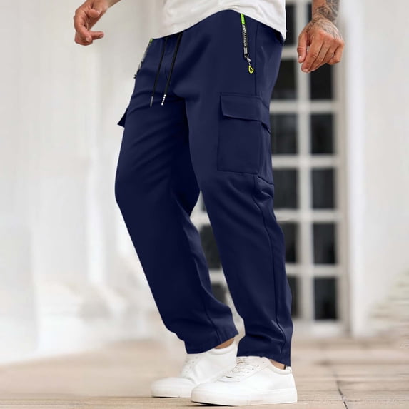 PNTUTB Men's Solid Color Elastic Waist Drawstring Casual Outdoor Work Pants with Zipper and Multiple Pockets