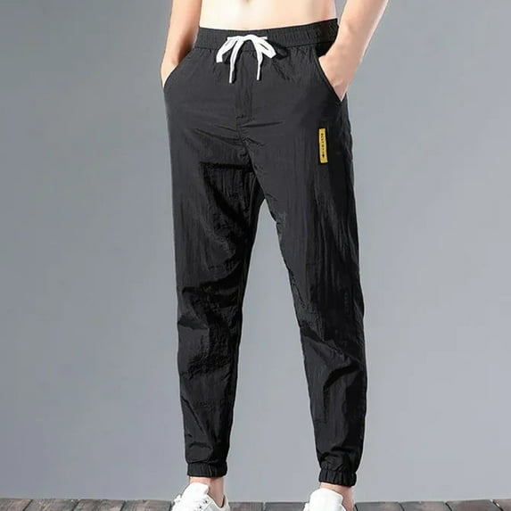 PNTUTB Men's Solid Color Elastic Waist Drawstring Comfortable Breathable Loose Fit Casual Cuffed Pants