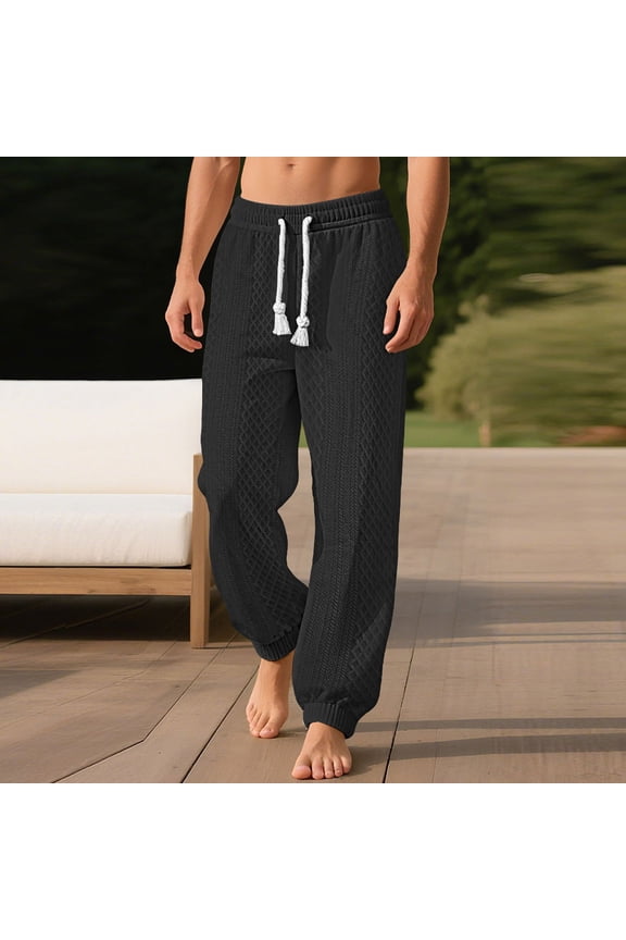 Men's Solid Color Jacquard Comfortable Casual Elastic Waist Drawstring Cuffed Pants with Multiple Pockets