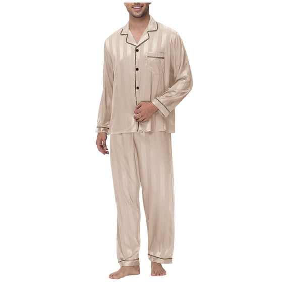 PNTUTB Men's Solid Color Lapel Button Loungewear Long Sleeve Stripes Top with Pockets and Pants Casual Pajama Set