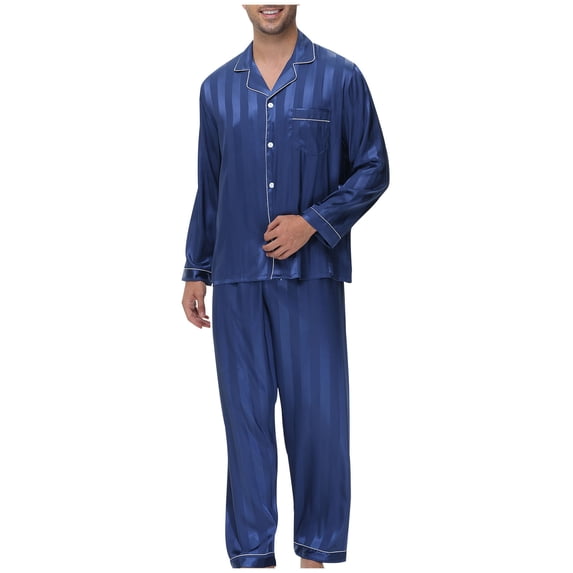 PNTUTB Men's Solid Color Lapel Button Loungewear Long Sleeve Stripes Top with Pockets and Pants Casual Pajama Set