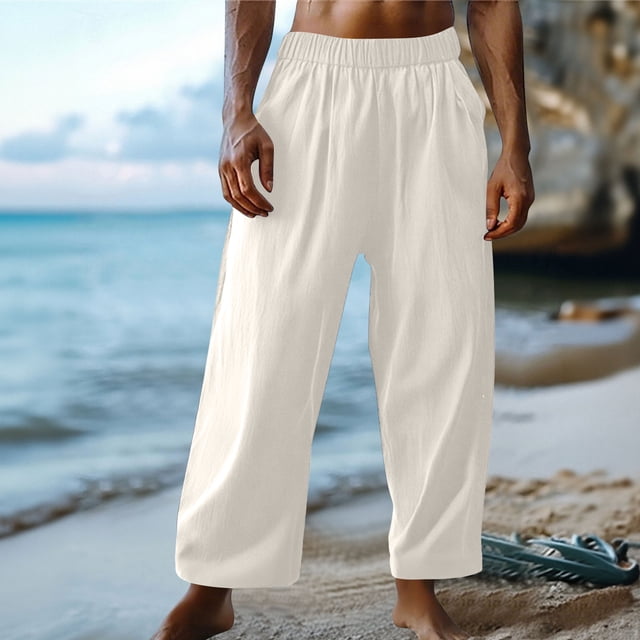 PNTUTB Men's Solid Color Lightweight Casual Loose Comfortable Elastic Waist Wide Leg Pants with Pockets