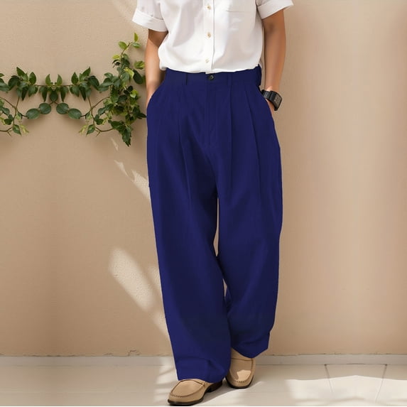 PNTUTB Men's Solid Color Linen Pleated Loose Elastic Waist Button Fly Zipper Casual Trousers with Multiple Pockets