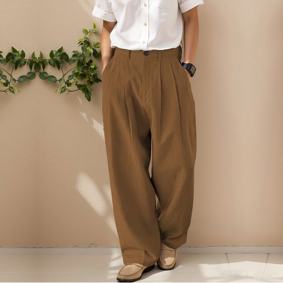PNTUTB Men's Solid Color Linen Pleated Loose Elastic Waist Button Fly Zipper Casual Trousers with Multiple Pockets