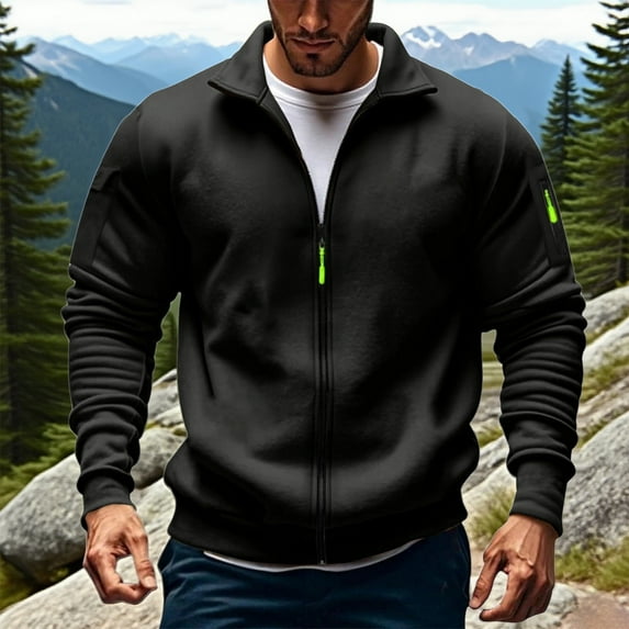 PNTUTB Men's Solid Color Long Sleeved Stand-up Collar Zipper Fleece Thick Pocket Jacket