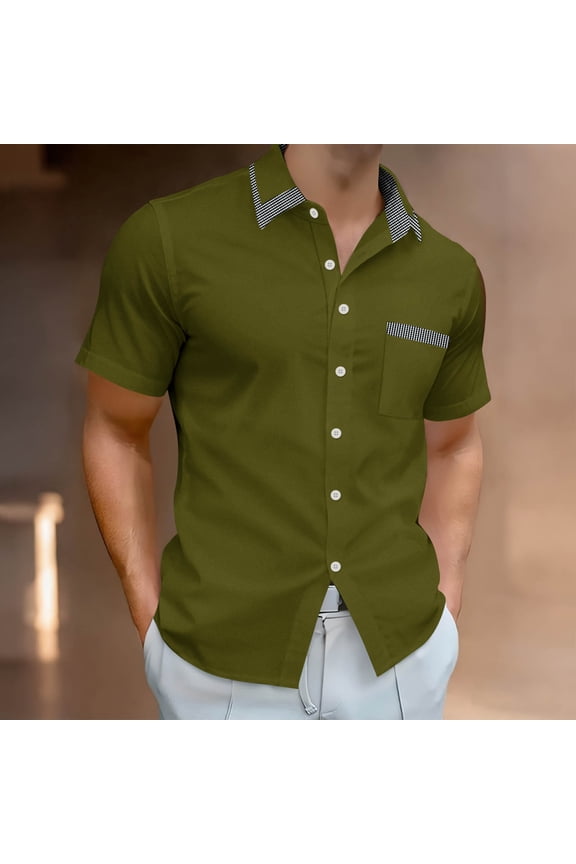 Men's Solid Color Patchwork Check Collar Button Down Short Sleeve Casual Loose Blouse with Pocket