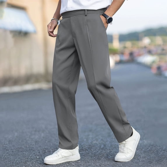 PNTUTB Men's Solid Color Pleated Drapey Button Fly Zipper Casual Straight Leg Versatile Dress Pants with Pockets