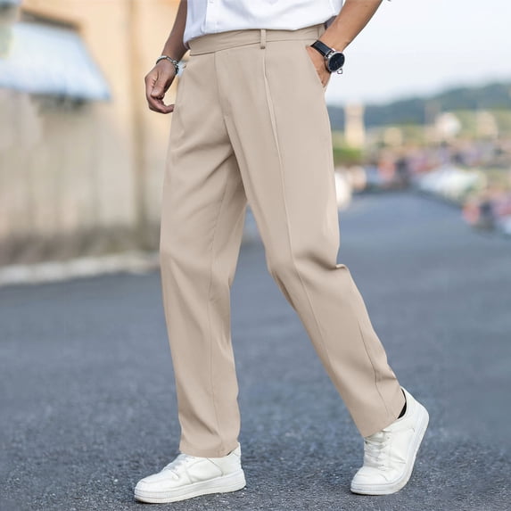 PNTUTB Men's Solid Color Pleated Drapey Button Fly Zipper Casual Straight Leg Versatile Dress Pants with Pockets