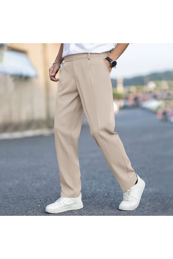 Men's Solid Color Pleated Drapey Button Fly Zipper Casual Straight Leg Versatile Dress Pants with Pockets