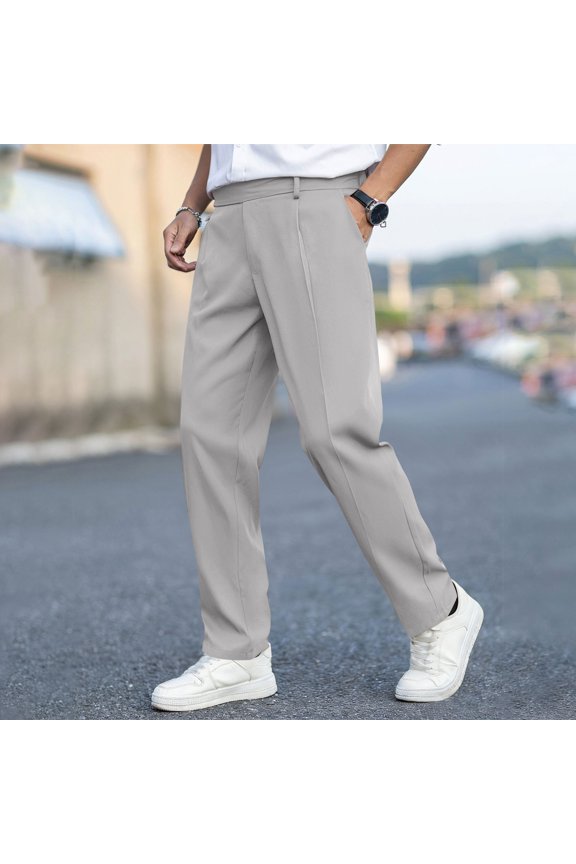 Men's Solid Color Pleated Drapey Button Fly Zipper Casual Straight Leg Versatile Dress Pants with Pockets