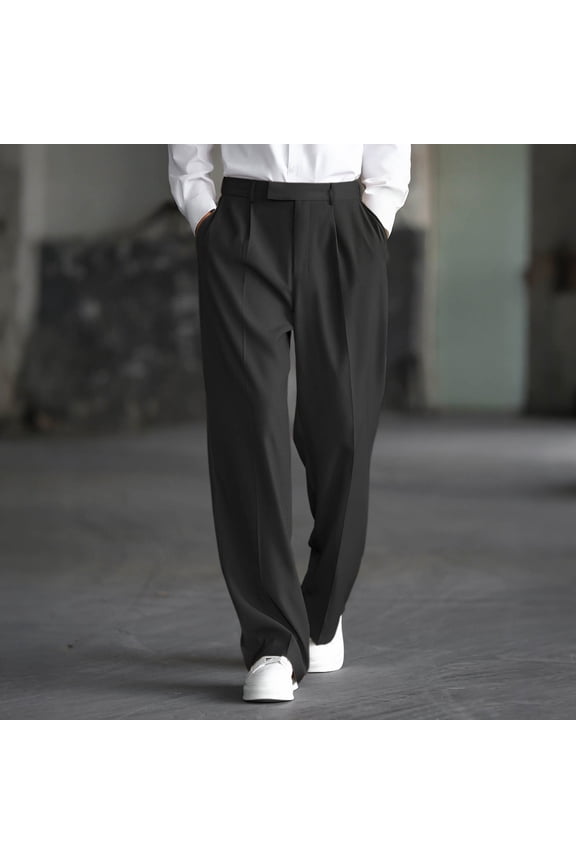 Men's Solid Color Pleated Drapey Casual Loose Comfortable Buckle Zipper Straight Leg Trousers with Pockets