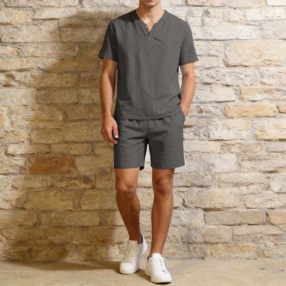 PNTUTB Men's Solid-Color Two-Piece Set,Short-Sleeve Button-Down V-Neck Top and Drawstring Elastic-Waist Shorts Casual Loose Loungewear Set