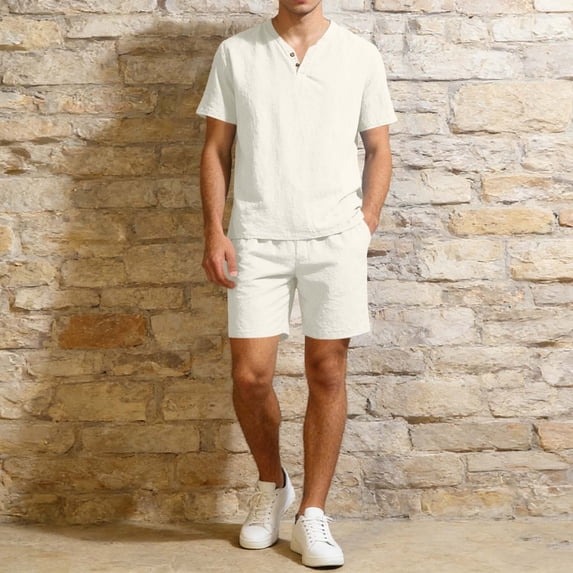 PNTUTB Men's Solid-Color Two-Piece Set,Short-Sleeve Button-Down V-Neck Top and Drawstring Elastic-Waist Shorts Casual Loose Loungewear Set