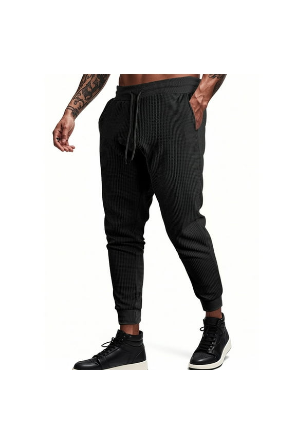 Men's Solid Color Waffle Weave Casual Comfort Elastic Waist Drawstring Cuffed Pants with Pockets