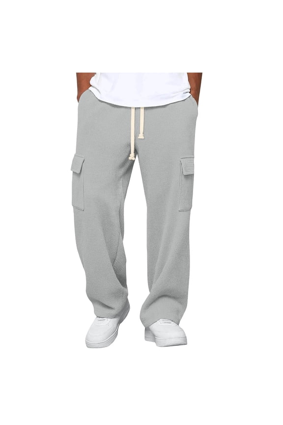 Men's Solid Color Waffle Weave Casual Loose Elastic Waist Drawstring Pants with Multiple Pockets