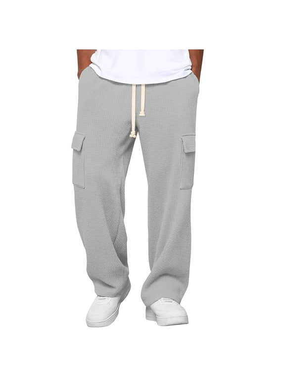 Men's Solid Color Waffle Weave Casual Loose Elastic Waist Drawstring Pants with Multiple Pockets