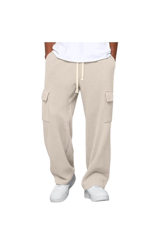 Men's Solid Color Waffle Weave Casual Loose Elastic Waist Drawstring Pants with Multiple Pockets
