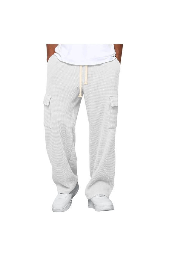 Men's Solid Color Waffle Weave Casual Loose Elastic Waist Drawstring Pants with Multiple Pockets