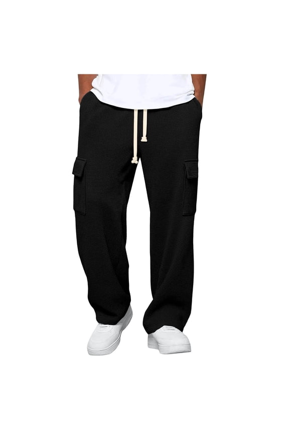 Men's Solid Color Waffle Weave Casual Loose Elastic Waist Drawstring Pants with Multiple Pockets