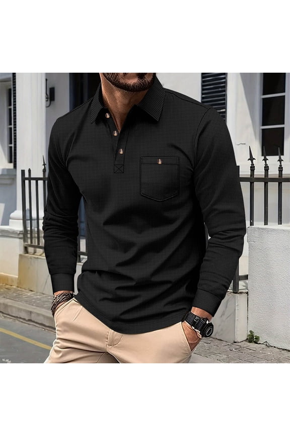 Men's Solid Color Waffle Weave Long Sleeved Lapel Button Casual Loose Blouse with Pocket