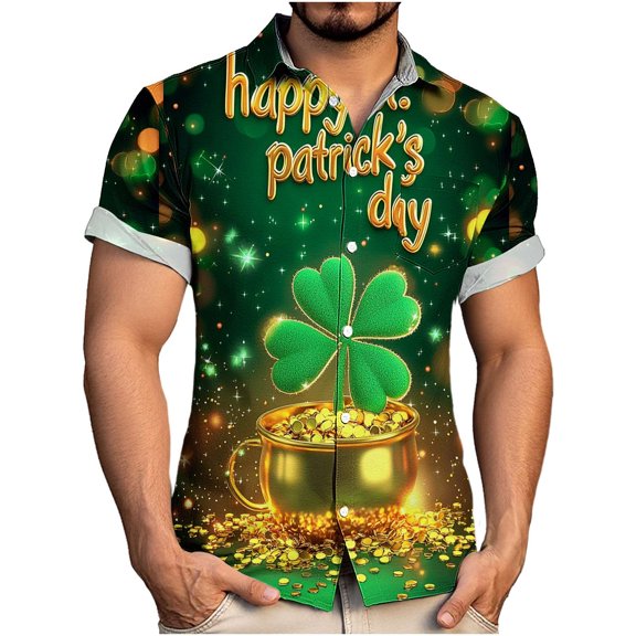 PNTUTB Men's St. Patrick's Day Fashion Print Casual Collar Button Down Cardigan Short Sleeve Loose Blouse