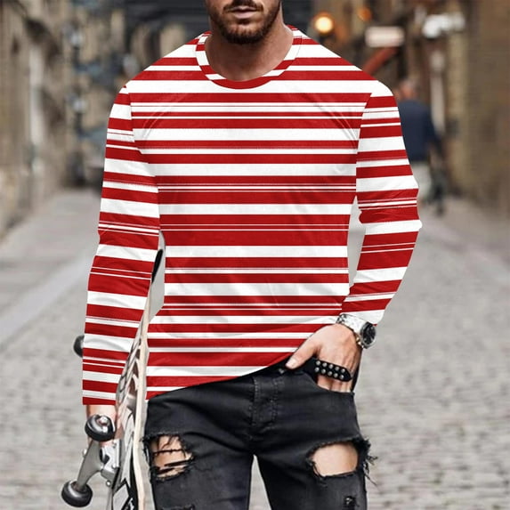 PNTUTB Men's Stretch Fashion Color-blocked Stripes Crew Neck Pullover Casual Long Sleeve Comfortable Tops