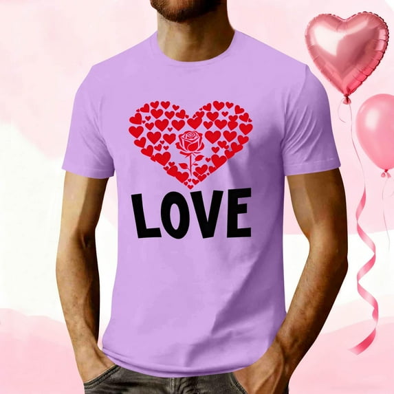 PNTUTB Men's Stylish Valentine's Day Heart Print Crew Neck Short Sleeve Comfort Casual Loose Sports T Shirt