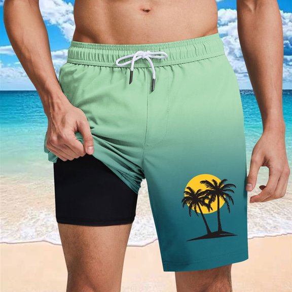 PNTUTB Men's Summer Casual Comfort Fashion Gradient Coconut Tree Print Elastic Drawstring Pockets Lined Shorts