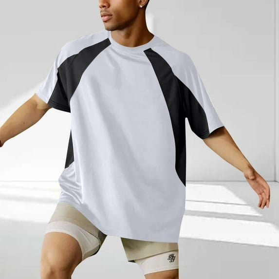 PNTUTB Men's Summer Color Blocked Round Neck Short Sleeved Sports Fitness Mesh Breathable Loose T-shirts