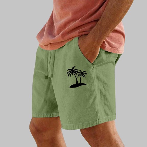 PNTUTB Men's Summer Fashion Coconut Tree Print Casual Comfortable Elastic Drawstring Beach Shorts with Pockets