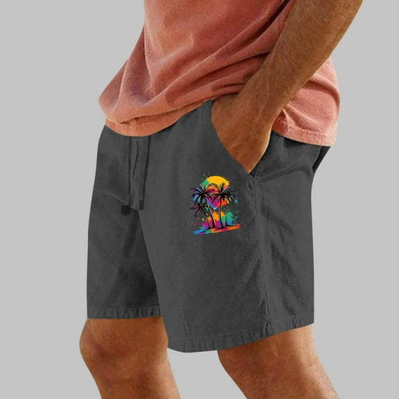 PNTUTB Men's Summer Fashion Coconut Tree Small Print Casual Elastic Drawstring Shorts with Pockets