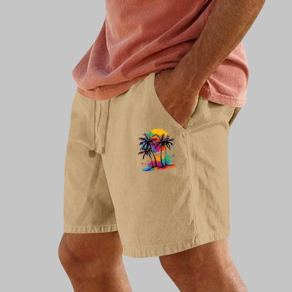 PNTUTB Men's Summer Fashion Coconut Tree Small Print Casual Elastic Drawstring Shorts with Pockets