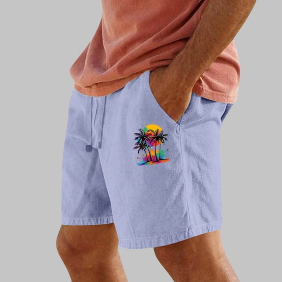 PNTUTB Men's Summer Fashion Coconut Tree Small Print Casual Elastic Drawstring Shorts with Pockets