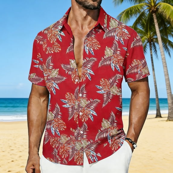 PNTUTB Men's Summer Fashion Hawaiian Print Collared Button Front Short Sleeve Casual Vacation Loose Comfort Top