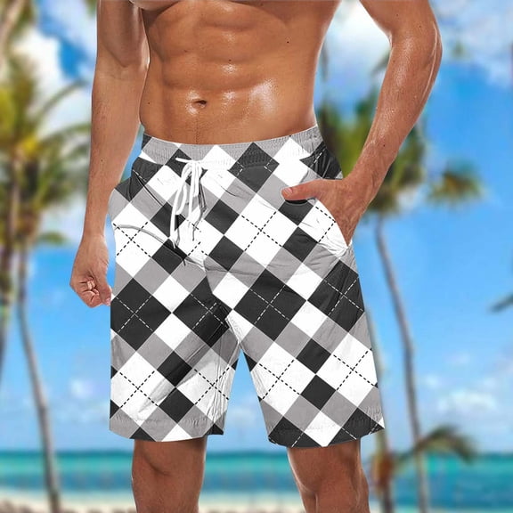 PNTUTB Men's Summer Fashion Vintage Plaid Print Elastic Drawstring Casual Beach Shorts with Pockets