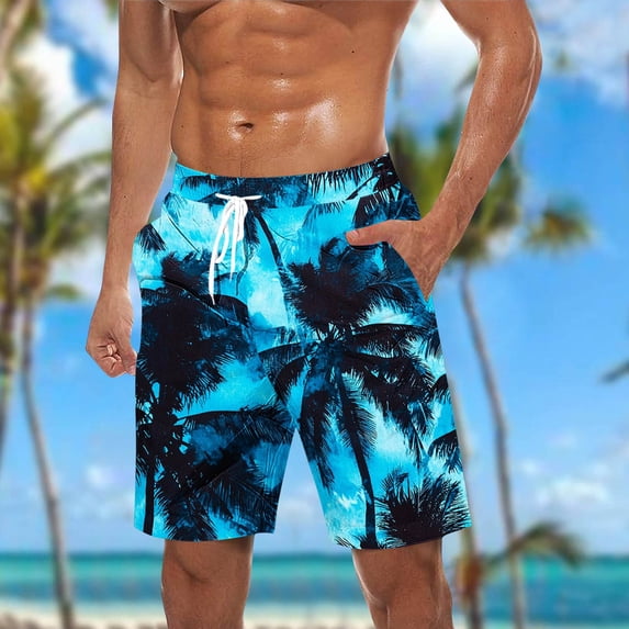 PNTUTB Men's Summer Fashionable Printed Elastic Waist Drawstring Casual Loose Beach Shorts with Pockets