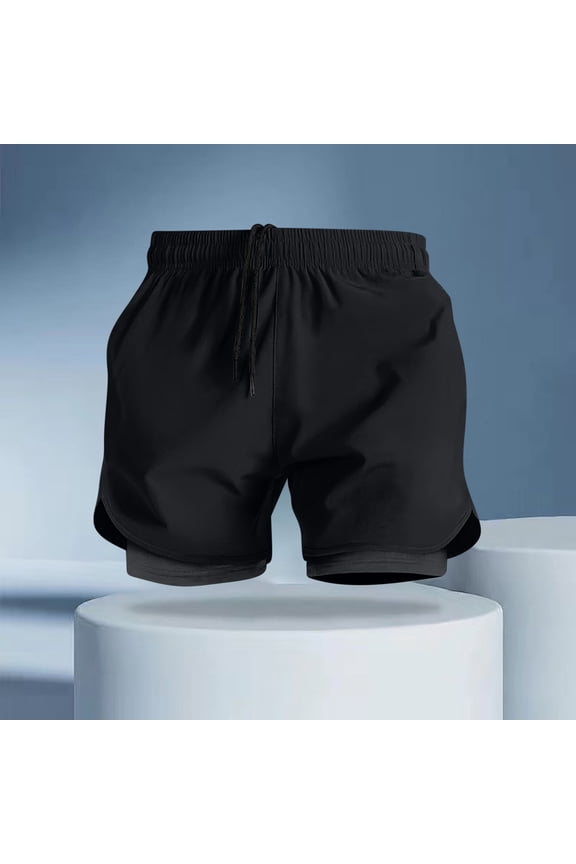 Men's Summer Solid Color Double Layer Quick Dry Breathable Athletic Drawstring Waist Casual Shorts with Pockets