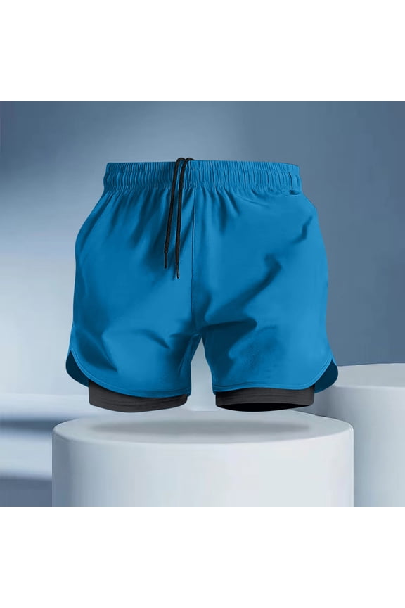 Men's Summer Solid Color Double Layer Quick Dry Breathable Athletic Drawstring Waist Casual Shorts with Pockets