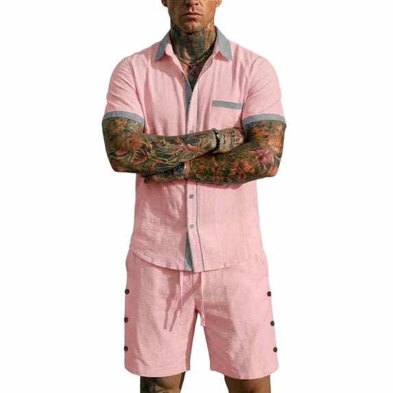 PNTUTB Men's Two-Piece Set Casual Solid-Color Set Retro Linen Button-Down Lapel Short-Sleeve Shirt with Pockets and Elastic Waistband Drawstring Shorts Set