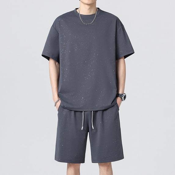 PNTUTB Men's Two-Piece Set Solid-Color Lightweight Set Casual Short-Sleeve Crew-Neck T-Shirt and Drawstring Shorts with Elastic Waistband Summer Ice-Silk Sets