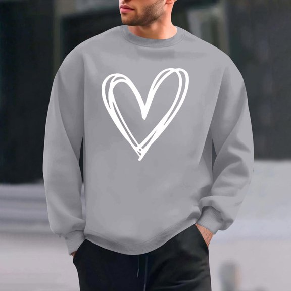 PNTUTB Men's Valentine's Day Fashion Heart Printed Casual Round Neck Long Sleeved Hoodless Pullover Sweatshirts