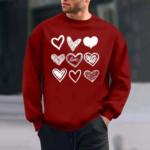 PNTUTB Men's Valentine's Day Fashion Print Long Sleeve Classic Crew Neck Pullover Casual Loose Comfort Sweatshirts