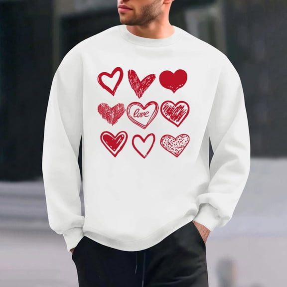 PNTUTB Men's Valentine's Day Fashion Print Long Sleeve Classic Crew Neck Pullover Casual Loose Comfort Sweatshirts