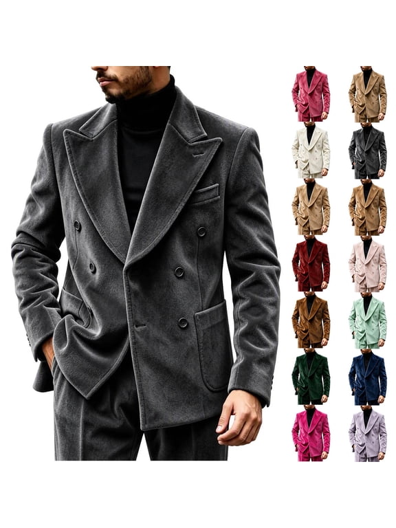 Men's Velvet Blazer Jacket Double Breasted Lapel Long Sleeve Outerwear Solid Color Casual Comfort Trendy Coat with Pockets
