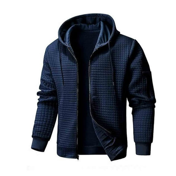 PNTUTB Men's Waffle Weave Solid Color Full Zip Multiple Pockets Long Sleeved Drawstring Hooded Warm Coat
