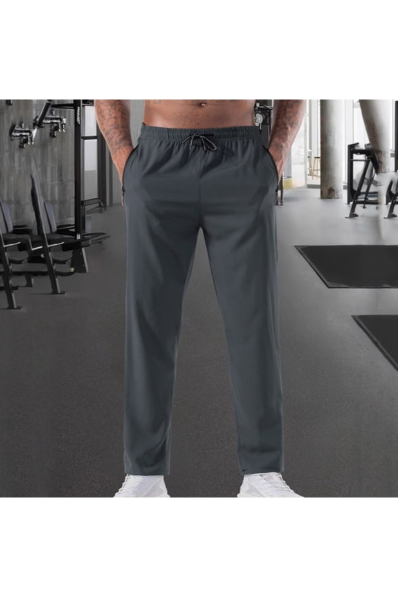 Mens Casual Solid Color Pants Elastic Drawstring Waist Pants Lightweight Breathable Pants with Pockets