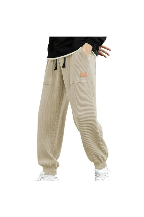 Mens Corduroy Pants Casual Cargo Pants Drawstring Elastic Waist Baggy Elastic Cuff Pants with Pockets