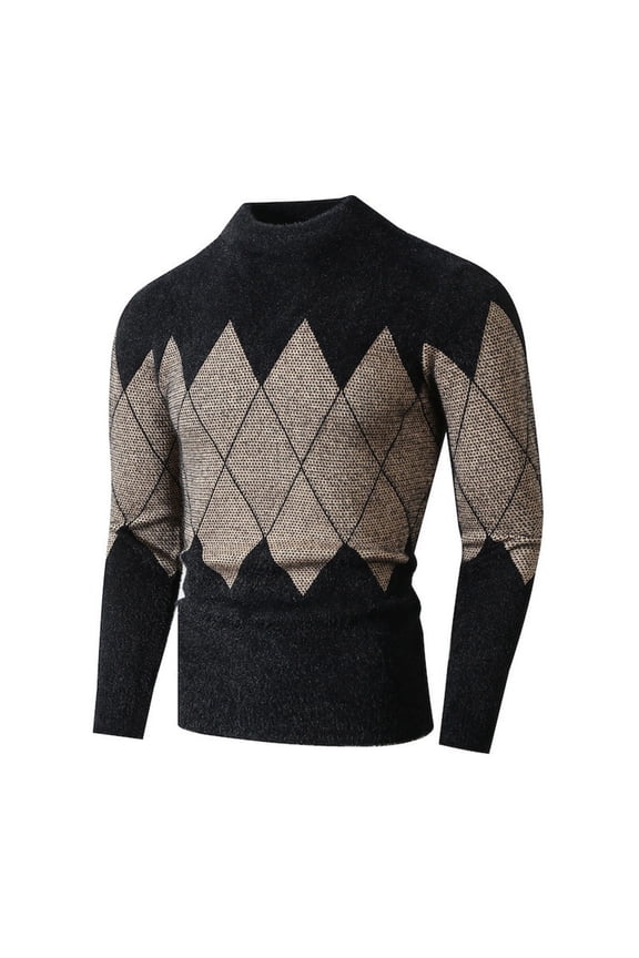 Mens Fashion Casual Color-blocked Mink Fleece Slim Fit Long Sleeve Turtleneck Pullover Warm Sweater