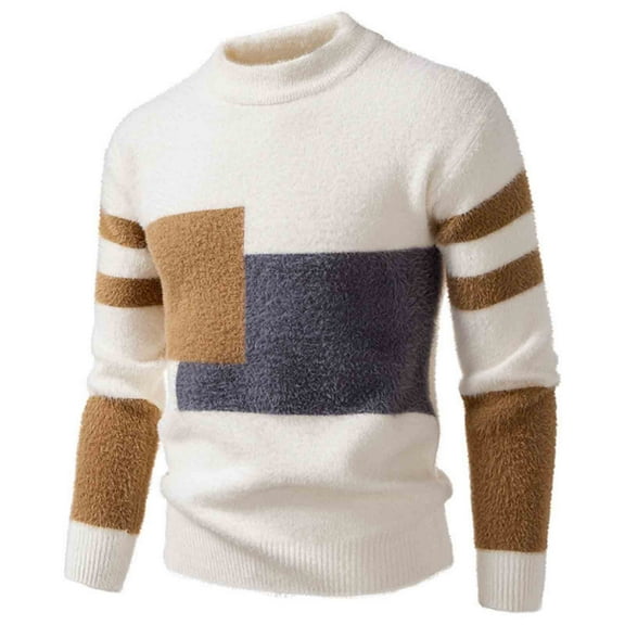 PNTUTB Mens Fashion Color Blocking Knit Sweaters Casual Long Sleeve Stand Collar Warm Pullover Sweater